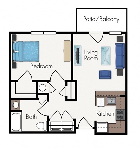 Floor plan for 1 bed, 1 bath, 704 sqft